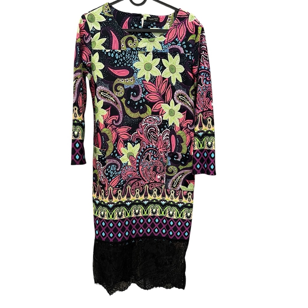 Daysoft M Bright Floral Paisley 3/4 Sleeve Dress Lace Trim Pockets Retro 60s Mod